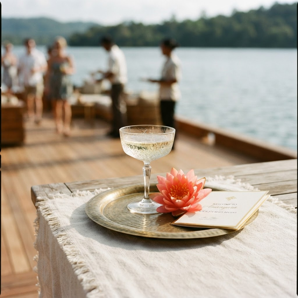 A brass arrival tray with a coupe of sparkling wine, a coral lotus blossom, and a gold-edged welcome card