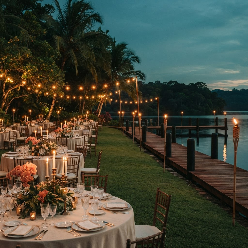 Round candlelit dinner tables set across the lawn at dusk beside a long wooden dock, tiki torches along the water's edge