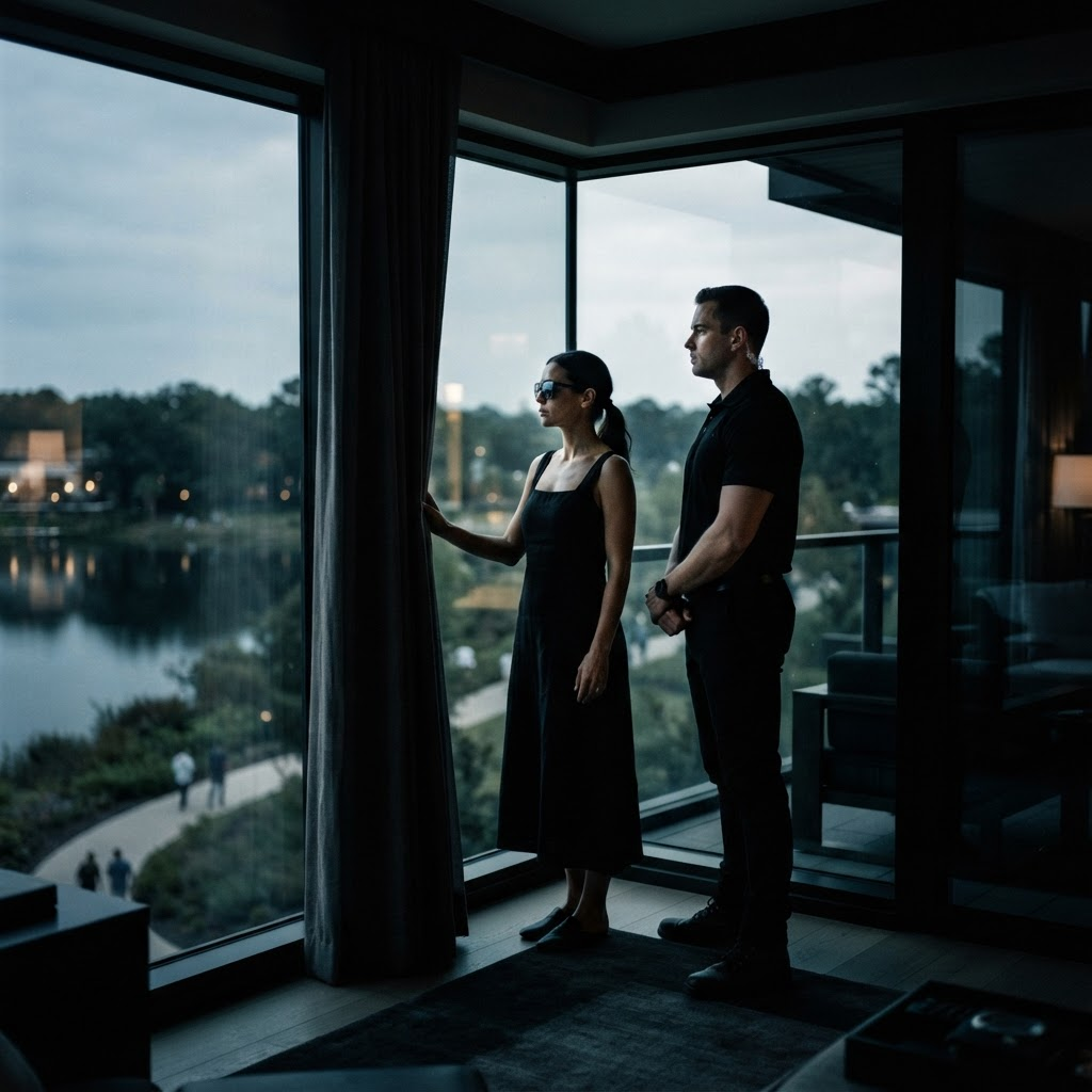 A couple dressed entirely in black watching the grounds through the half-drawn curtains of Blackpoint Corner