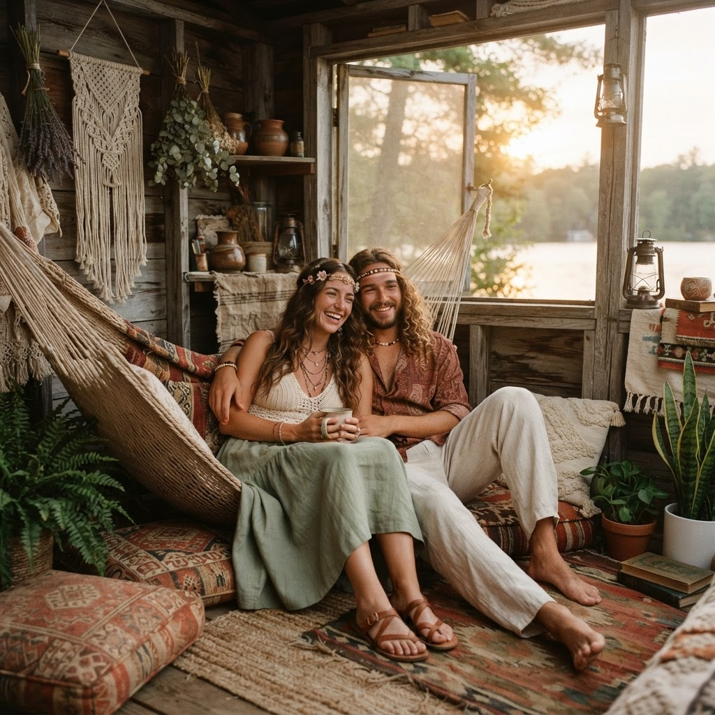 A barefoot couple in flowing linen and beads lounging among macrame hangings and dried herbs in the Driftwood Bungalow at golden hour