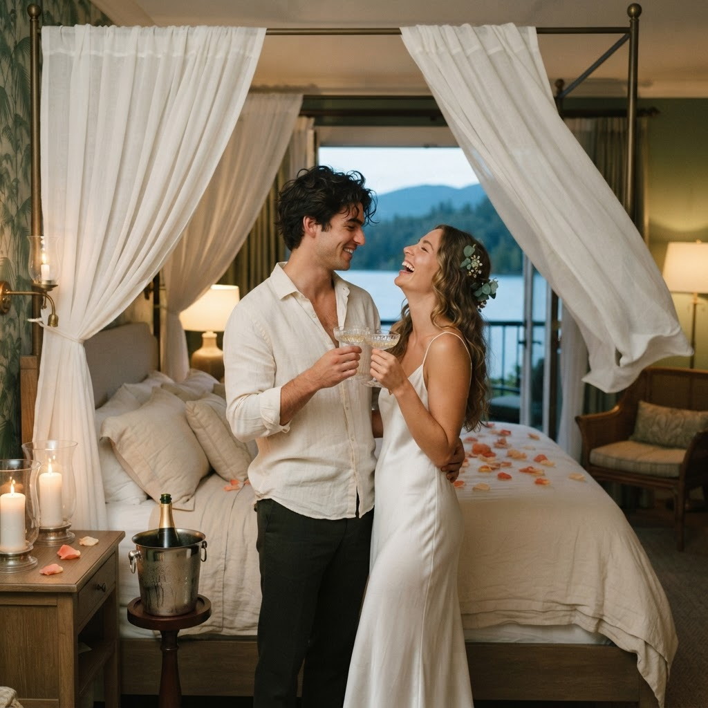 Two guests laughing and toasting champagne beside the canopied bed in the Palm Court Double, petals scattered on the linen