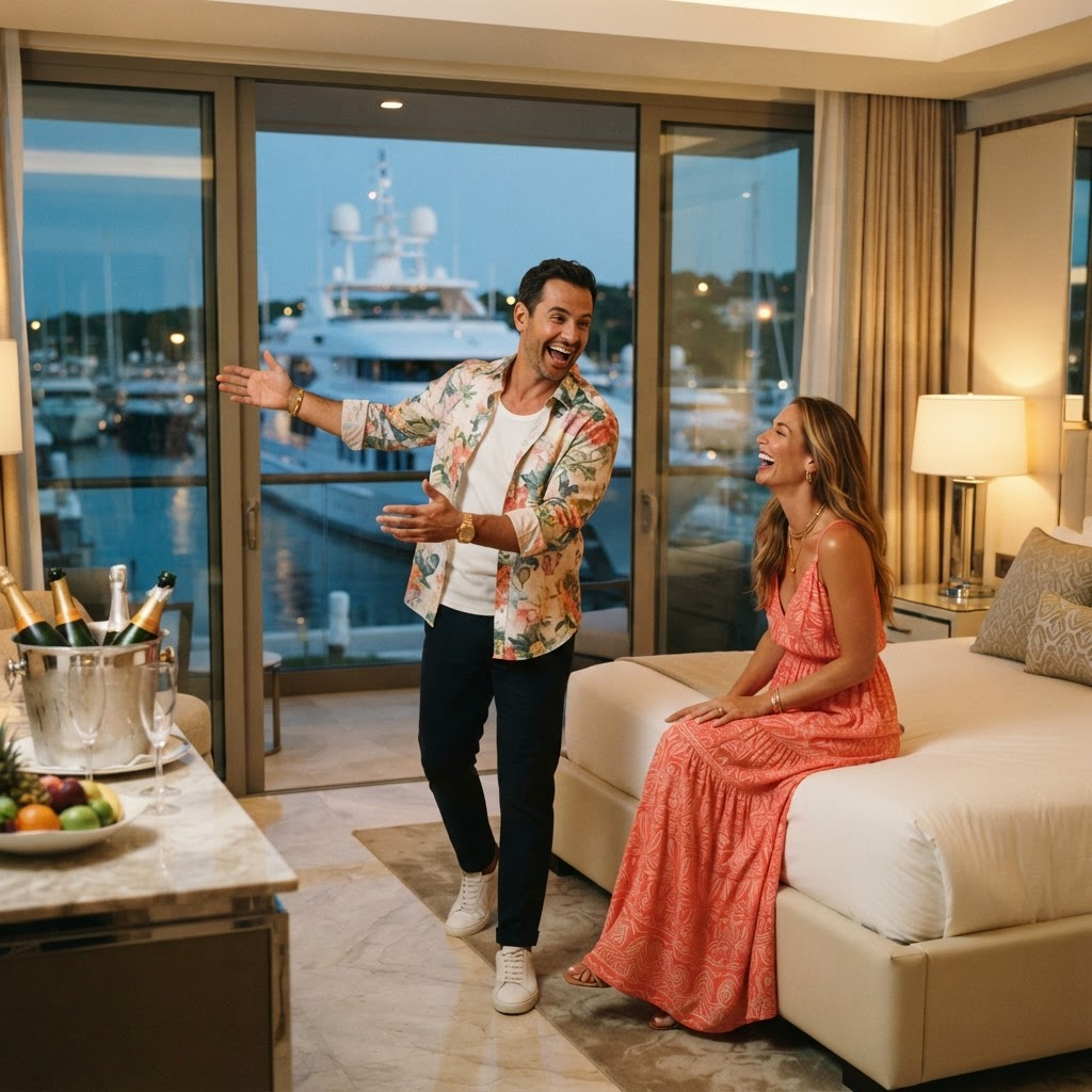 A delighted guest in an open floral shirt throwing his arms wide in The Flybridge, gesturing at the enormous white yacht in the slip beyond the balcony doors