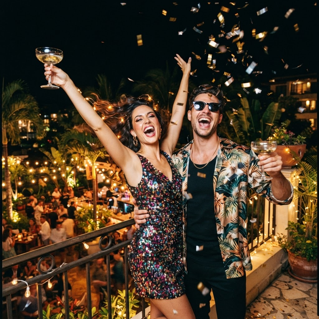 A couple in sequins and an open print shirt laughing with champagne raised on the Sunset Deck balcony above the lit terrace bar