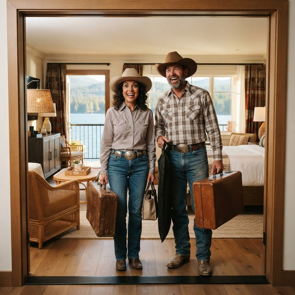 A grinning couple in cowboy hats and boots standing with their luggage in the doorway of the Longhorn Room