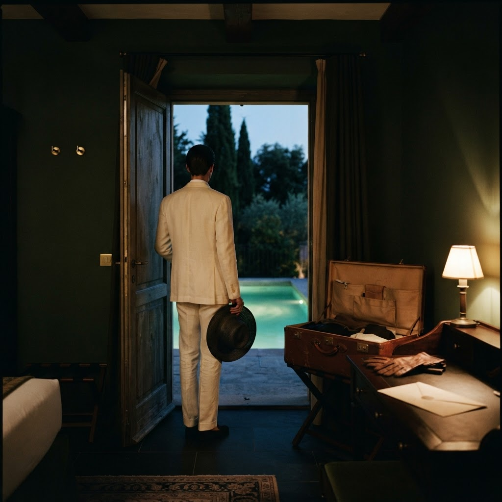 A guest in a cream linen suit standing with their back turned in the doorway of The Lotus Villa, hat in hand, the plunge pool glowing beyond