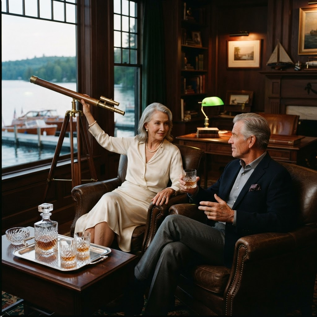 An immaculately dressed couple with whisky and a brass telescope in The Commodore, the wooden boats visible through the windows behind them