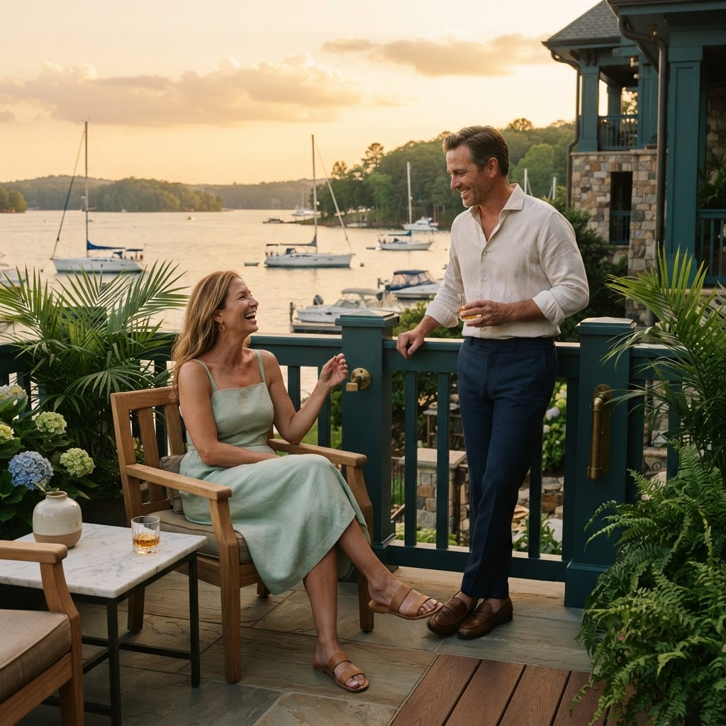 Two guests chatting on a lakeside terrace in a sage sundress and a linen shirt with tailored trousers